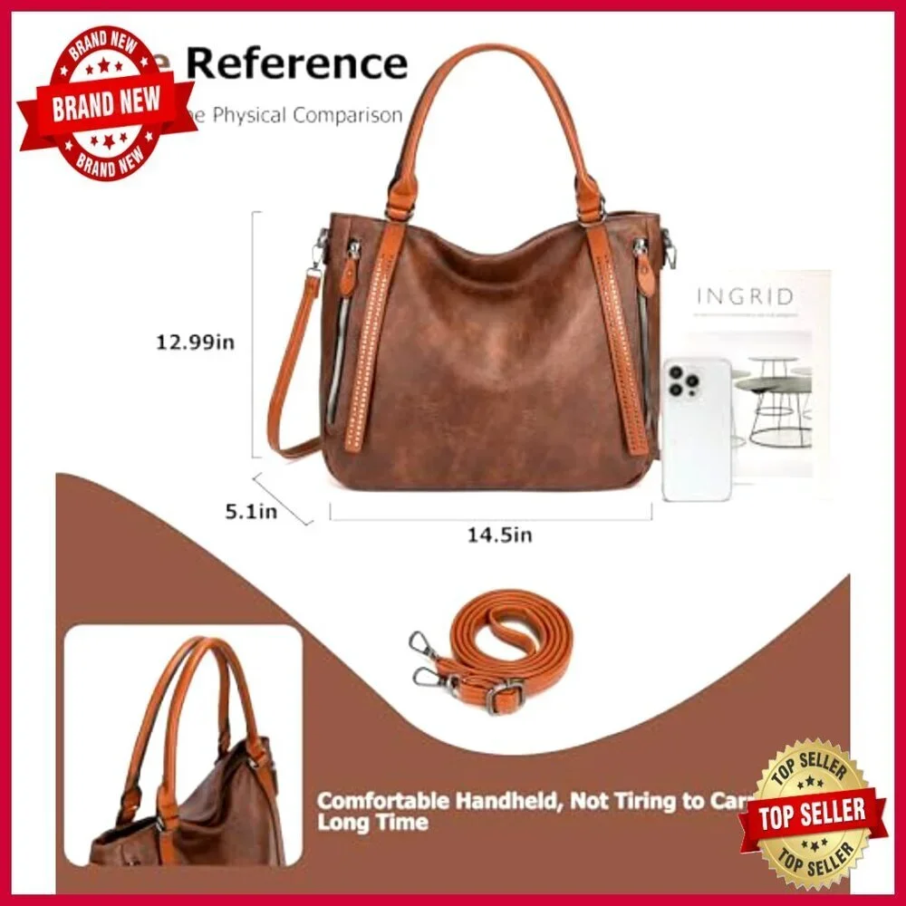 Large Vegan Leather Tote Bag with Adjustable Strap, Laptop Compatible